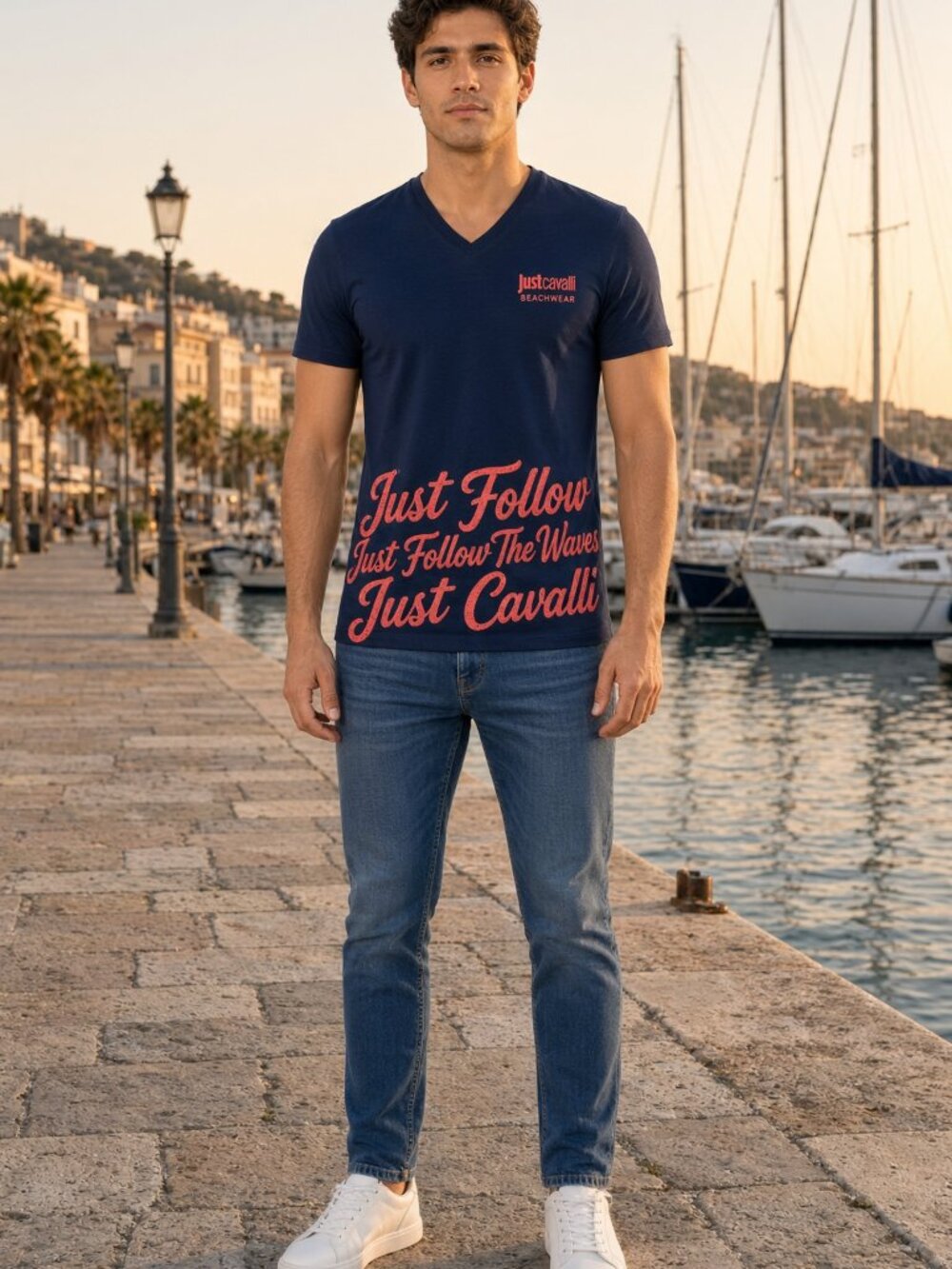 Just Cavalli Men Navy Blue V-Neck Cotton Tee Red Print US S